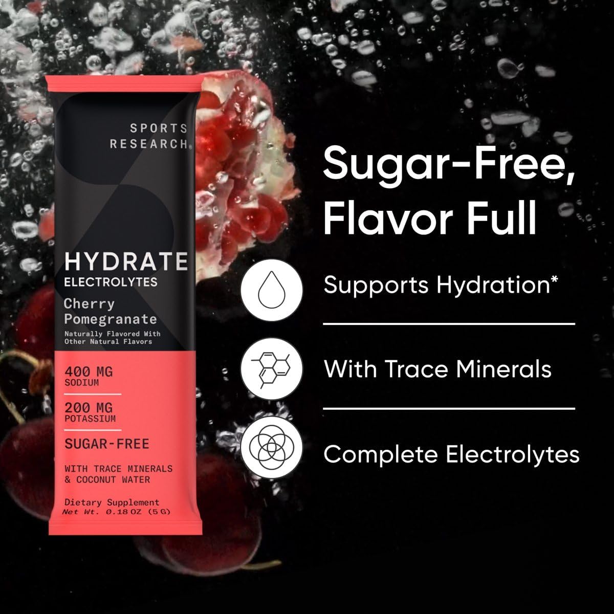 Sports Research® Hydrate Electrolytes Powder Packets - Sugar-Free & Naturally Flavored with Vitamins, Minerals, and Coconut Water - Supports Hydration - 16 Packets - Cherry Pomegranate