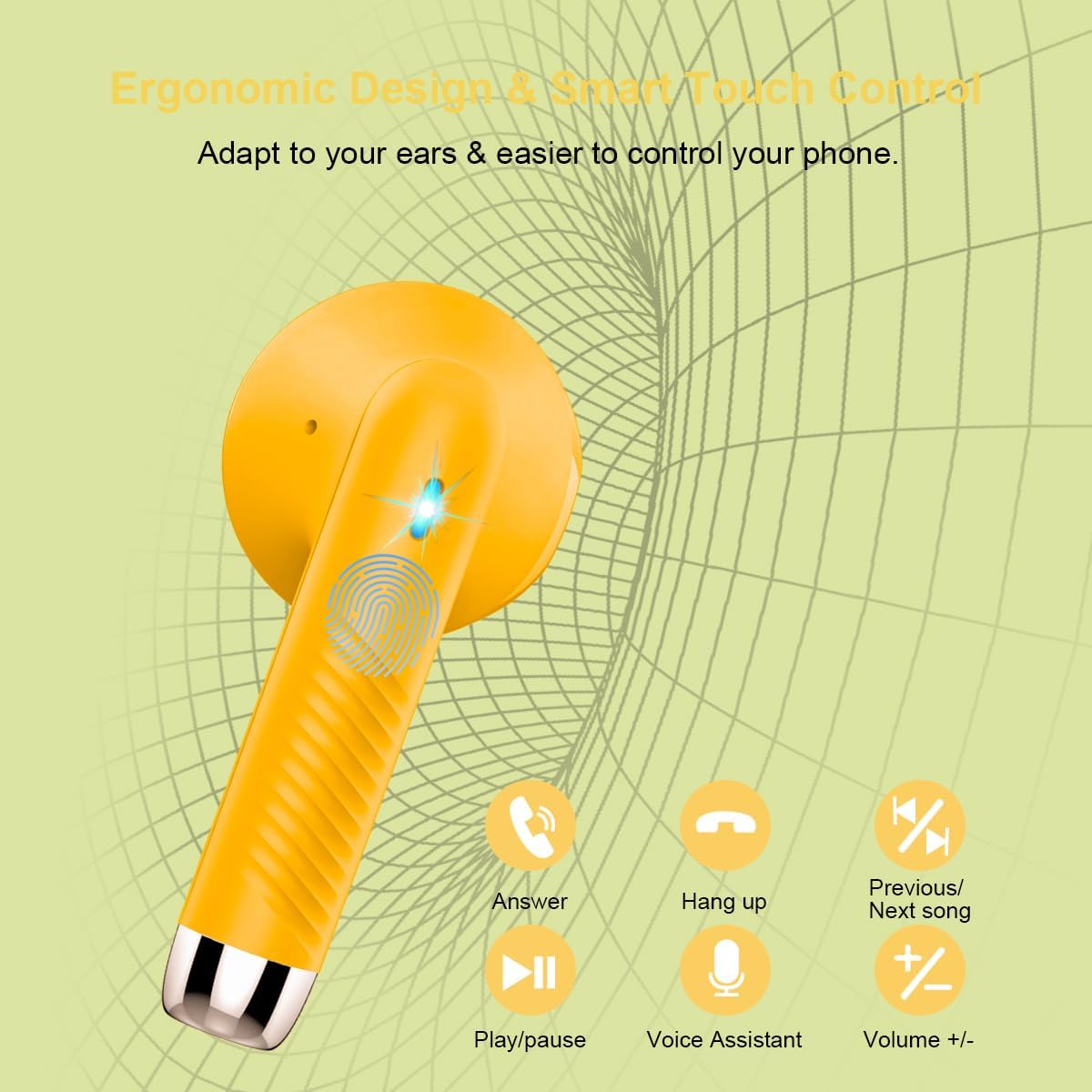 Wireless Earbuds, Bluetooth 5.4 Headphones in Ear with Noise Cancelling Mic, Bluetooth Earbuds Stereo Bass, IP7 Waterproof Sports Earphones, 32H Playtime USB C Charging Ear Buds Yellow for Android iOS