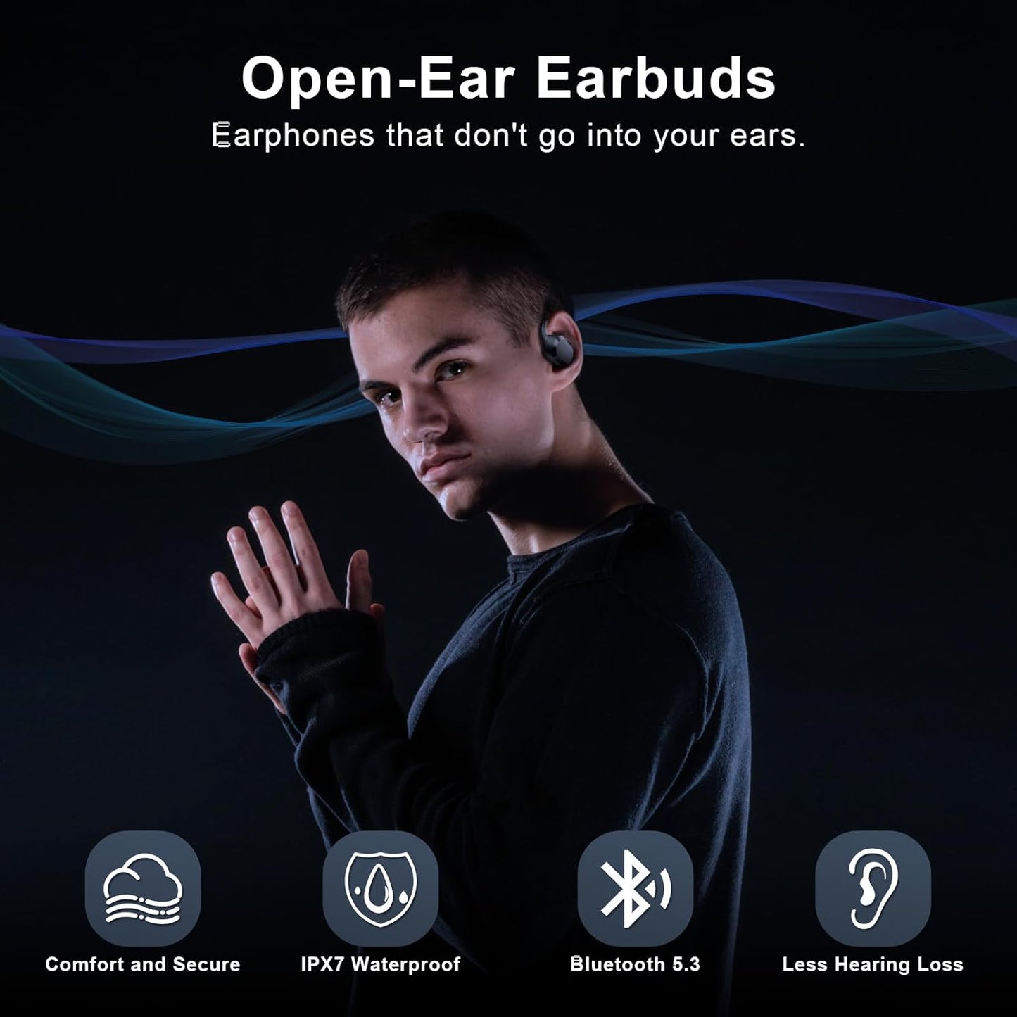 Open Ear Headphones, Open Ear Earbuds, IPX7 Waterproof, Bluetooth 5.3 True Wireless Sports Over Ear Earbuds with Earhooks, Built-in Mic, Crystal-Clear Calls for Running Workout Cycling Driving