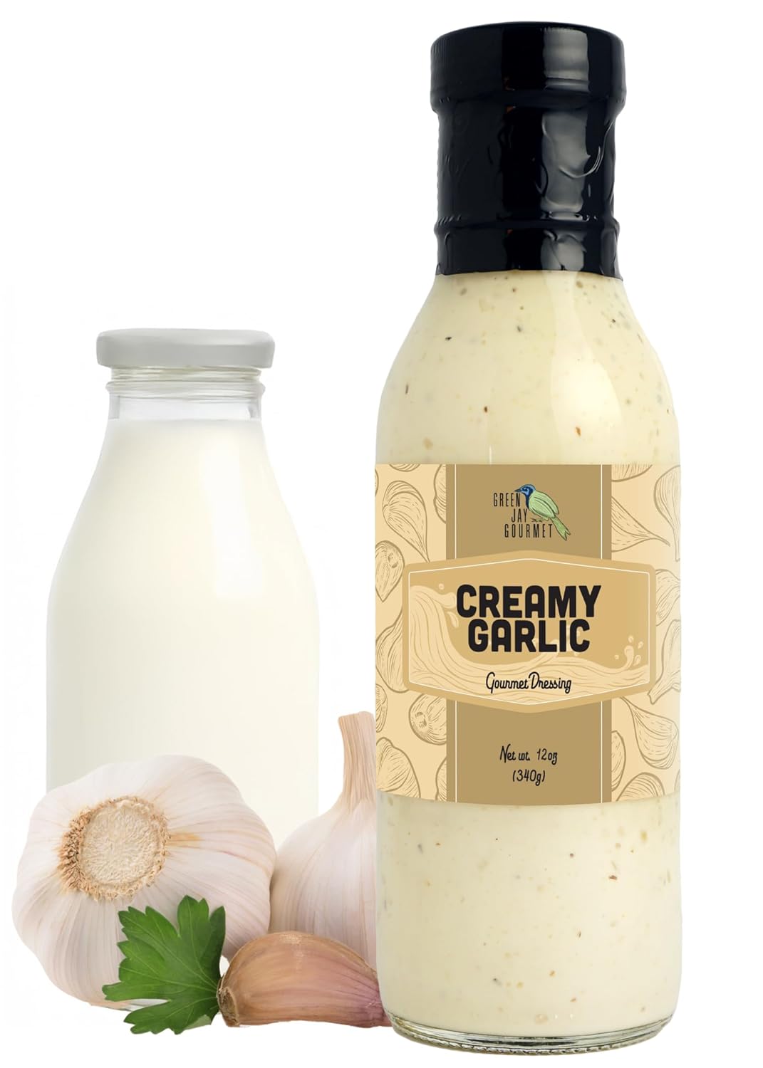 Green Jay Gourmet Creamy Garlic Salad Dressing – Rich & Savory with Bold Garlic Flavor – Handcrafted in USA – Perfect for Salads, Dips, Marinades & More – 12 Ounces