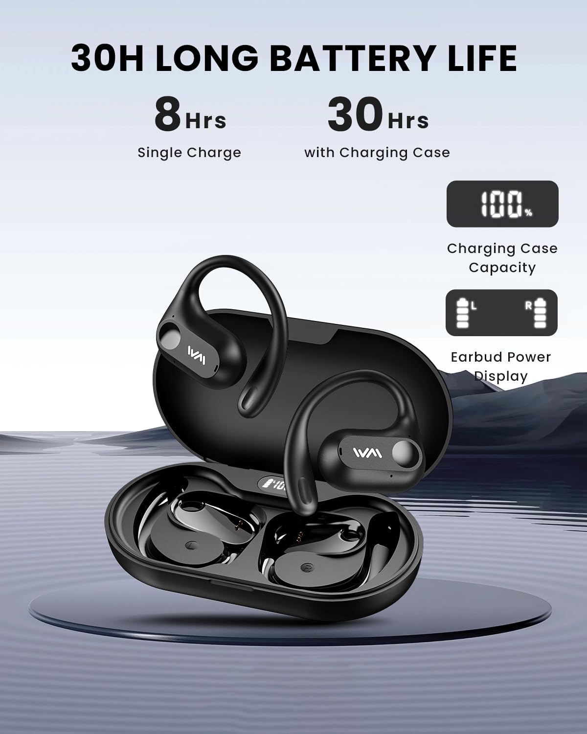 Open Ear Headphones,Bluetooth 5.3 Air Conduction Headphones ,Comfortable for Long Wear ,Powerful Bass,AI Clear Calls,30H Playback,IPX6 Light Weight Open Ear Earbuds with Ear-Hook for Workout,Running