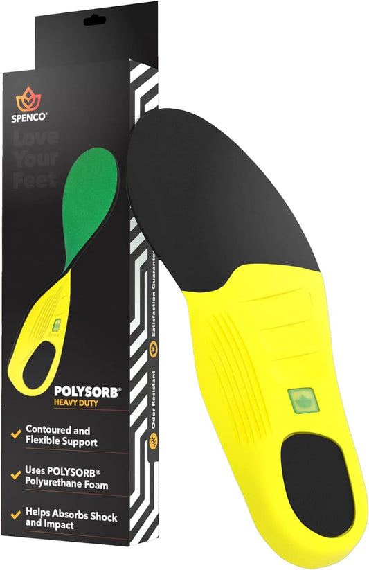 Spenco PolySorb Heavy Duty Insoles - Performance Foam Shoe Inserts w/ 4-Way Stretch Fabric & SpenCore Layer for Shock Absorption, Odor Control & All-Day Comfort & Stability - Fits Most Shoes
