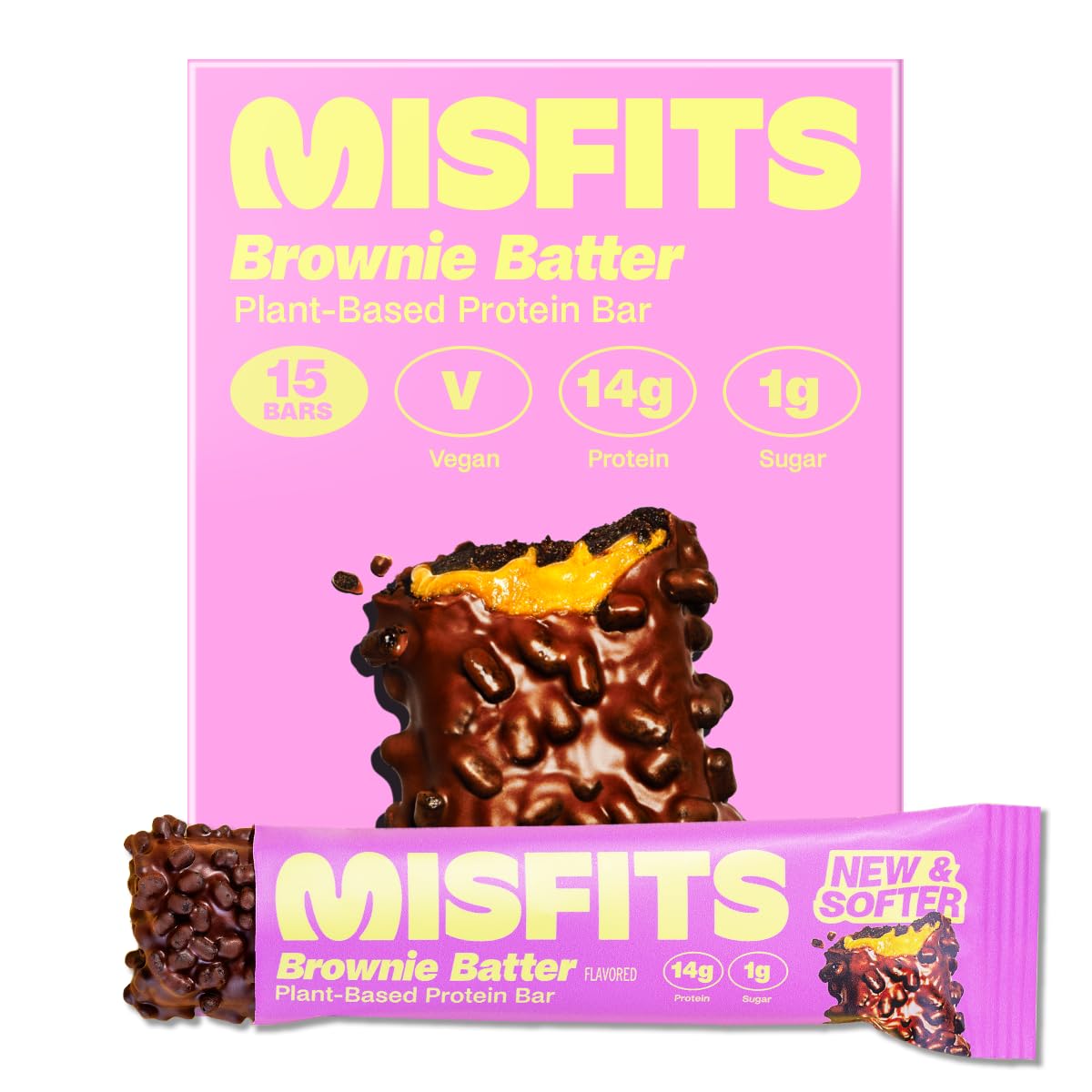 Misfits Vegan Protein Bars, Brownie Batter - Updated Recipe | Plant Based, Low Sugar & Carb, High Fiber Snacks | Pack of 15