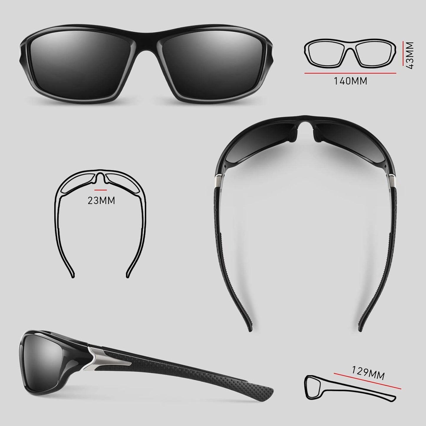 Polarized Sports Sunglasses for Men Women,Fishing Driving Rectangular Goggles UV400 Protection