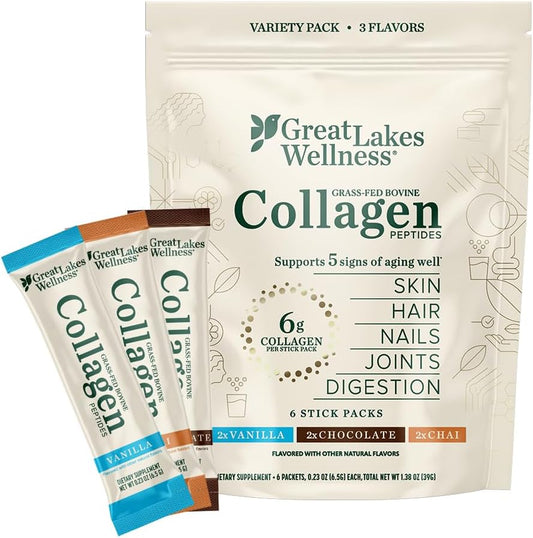 Great Lakes Wellness Collagen Peptides Powder for Skin, Hair, Nails, Joints & Digestion - Variety Flavors - Quick Dissolve Hydrolyzed, Non-GMO, Kosher - 6 Sticks - Packaging May Vary