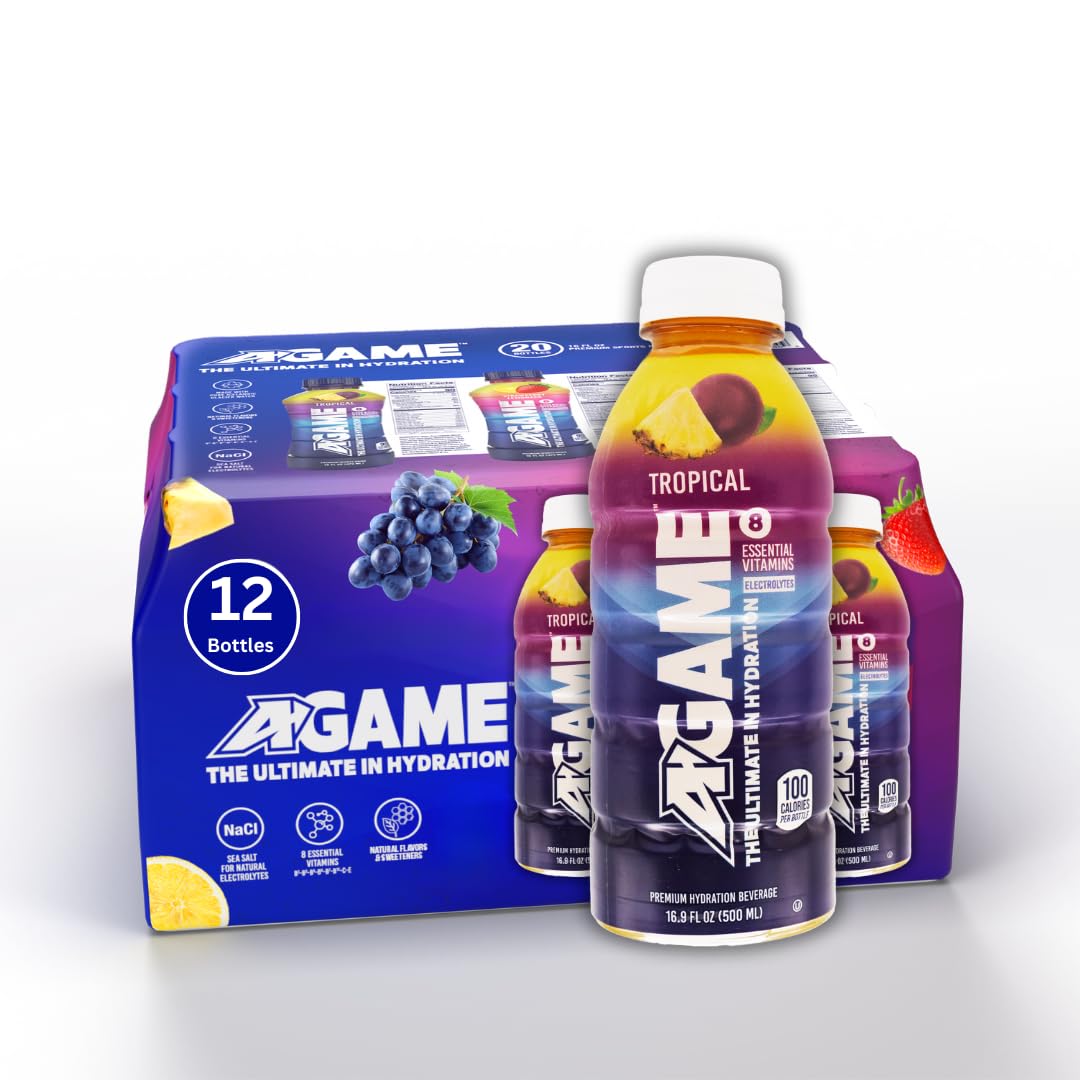 A-GAME Sports Drink, Tropical, The Ultimate Hydration Sports Beverage for Athletes, 8 Essential Vitamins including B, C, & E plus Natural Sea Salt Electrolytes, All Natural Flavors & Sweeteners, Gluten Free, 16.9 Fl Oz (Pack of 12)