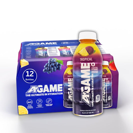 A-GAME Sports Drink, Tropical, The Ultimate Hydration Sports Beverage for Athletes, 8 Essential Vitamins including B, C, & E plus Natural Sea Salt Electrolytes, All Natural Flavors & Sweeteners, Gluten Free, 16.9 Fl Oz (Pack of 12)