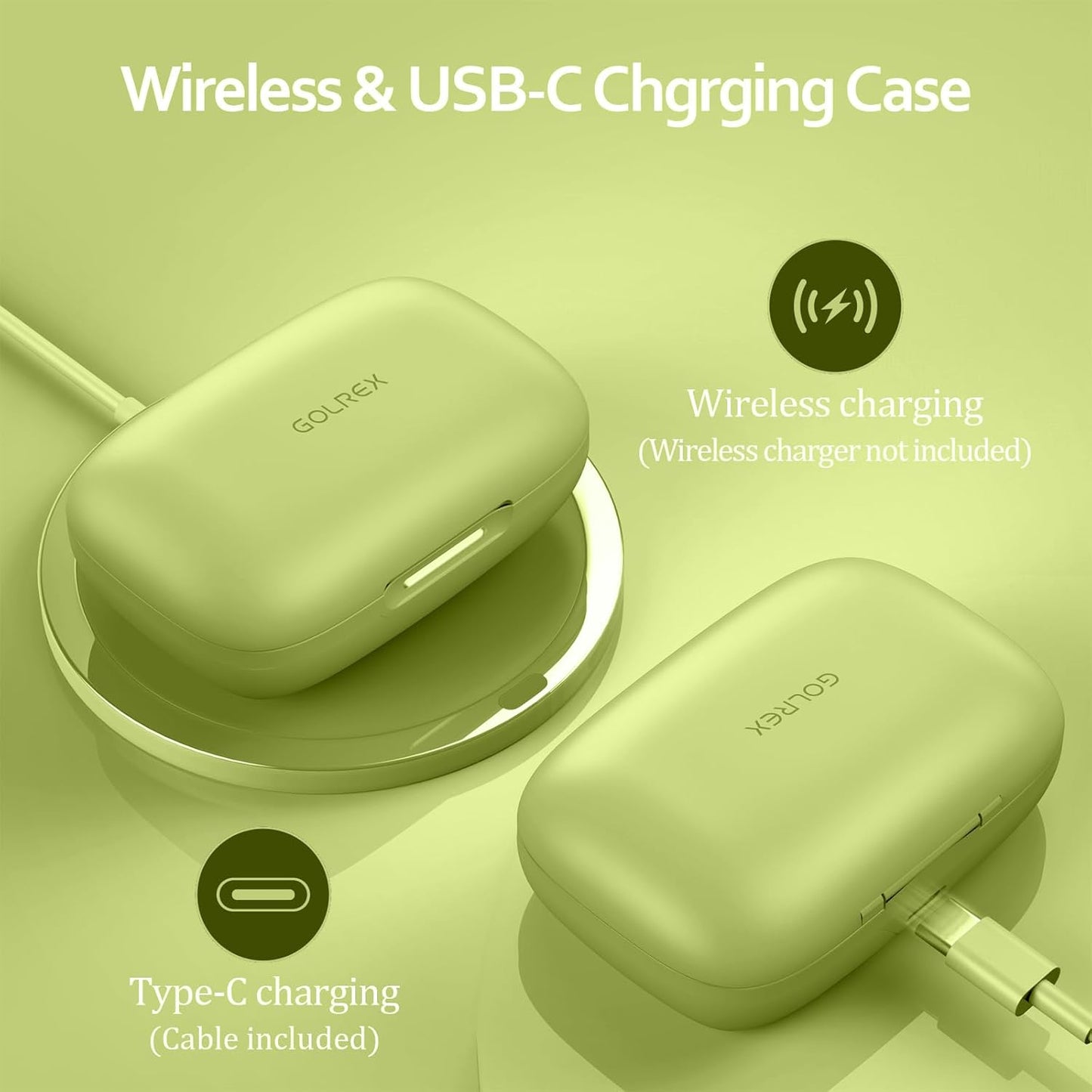 GOLREX Active Noise Cancelling Ear Buds Wireless Earbuds Bluetooth Headphones with 80H Playtime LED Display Wireless Charging Case, Over-Ear Hooks Earbud for Sports Running Gym Workout Yellow Green