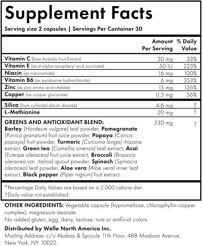 WelleCo The Skin Elixir Greens Powder Capsules with Zinc, Turmeric, Essential Skin Food, Supports Collagen Formation, Gluten Free & Vegan Glowing Skin Supplement, Firmness & Elasticity, 60 Capsules