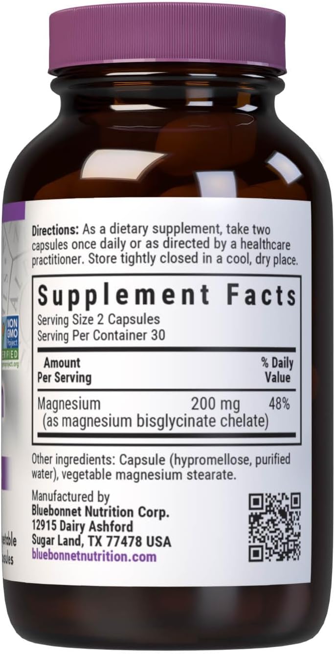 Bluebonnet Nutrition Albion Chelated Magnesium Vegetable Capsule, 200 mg, Stress Relief, Vegan, Non GMO, Gluten Free, Soy Free, Milk Free, Kosher, 60 Vegetable Capsule, 1 Month Supply