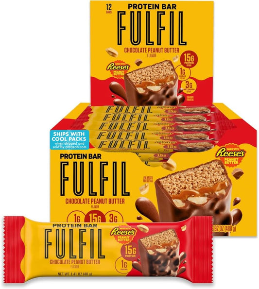 FULFIL Chocolate Peanut Butter Flavored Protein Bar Made with REESE's Peanut Butter, Gluten Free with 15g Protein, Pantry Staples, 12 Count