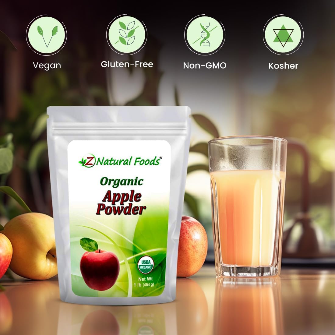 Z Natural Foods Organic Apple Powder, Superfood Powder for Digestive Support and Energy Boost, Ideal for Juice, Smoothies, and Recipes, Non-GMO, Vegan, Gluten-Free, Kosher, 1 lb.