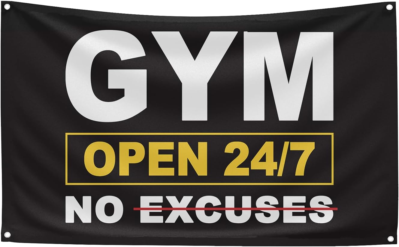 GYM OPEN 24/7 INDOOR NO EXCUSES Motivational Gym Banner, 3x5 Ft Single-sided Printing Inspirational Wall Decor Flag, Perfect Motivational Wall Decor, Keep Motivated and Passion with Gym Flag