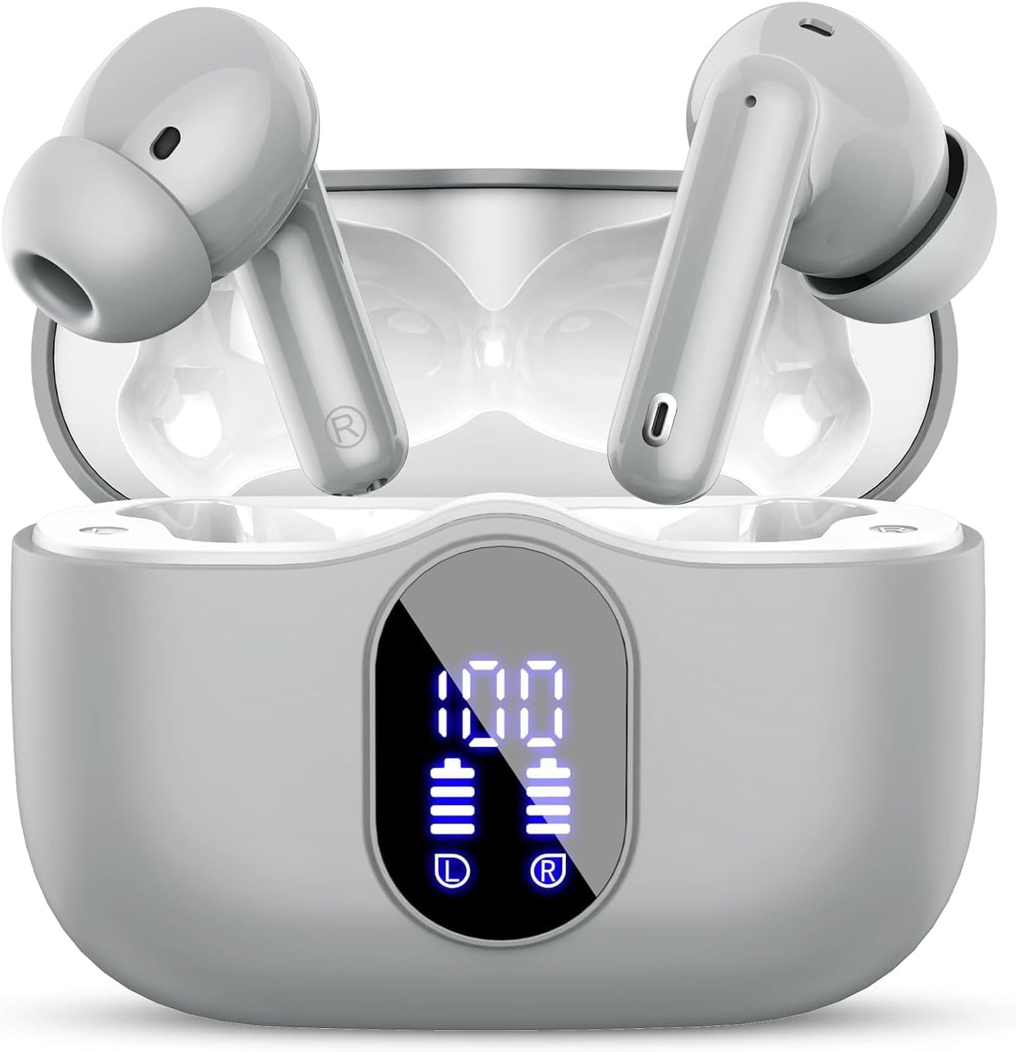 Wireless Earbuds, Bluetooth 5.4 Headphones Bass Stereo, Ear Buds with Noise Cancelling Mic, IP7 Waterproof in Ear Earphones, 36H LED Display Bluetooth Earbuds for Laptop Pad Phones Sports, Grey