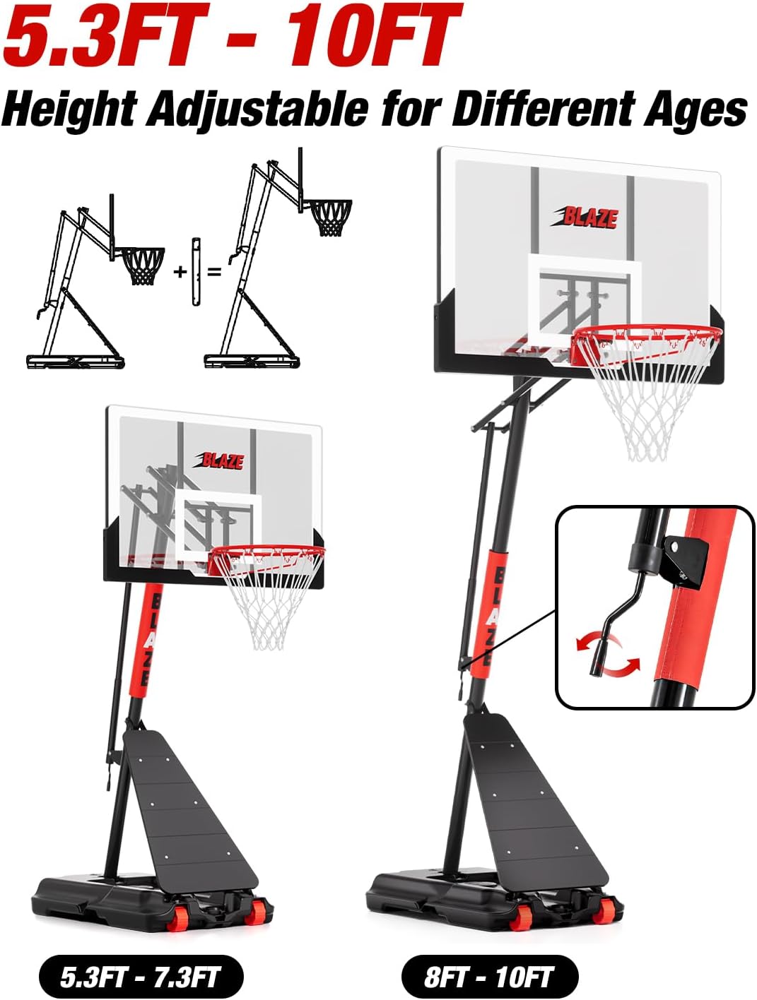 Portable Basketball Hoop Outdoor 5.3-10 FT Height Adjustable, Basketball Goals Systems for All Ages with 45 Inch Shatterproof Backboard in Backyard/Driveway/Indoor