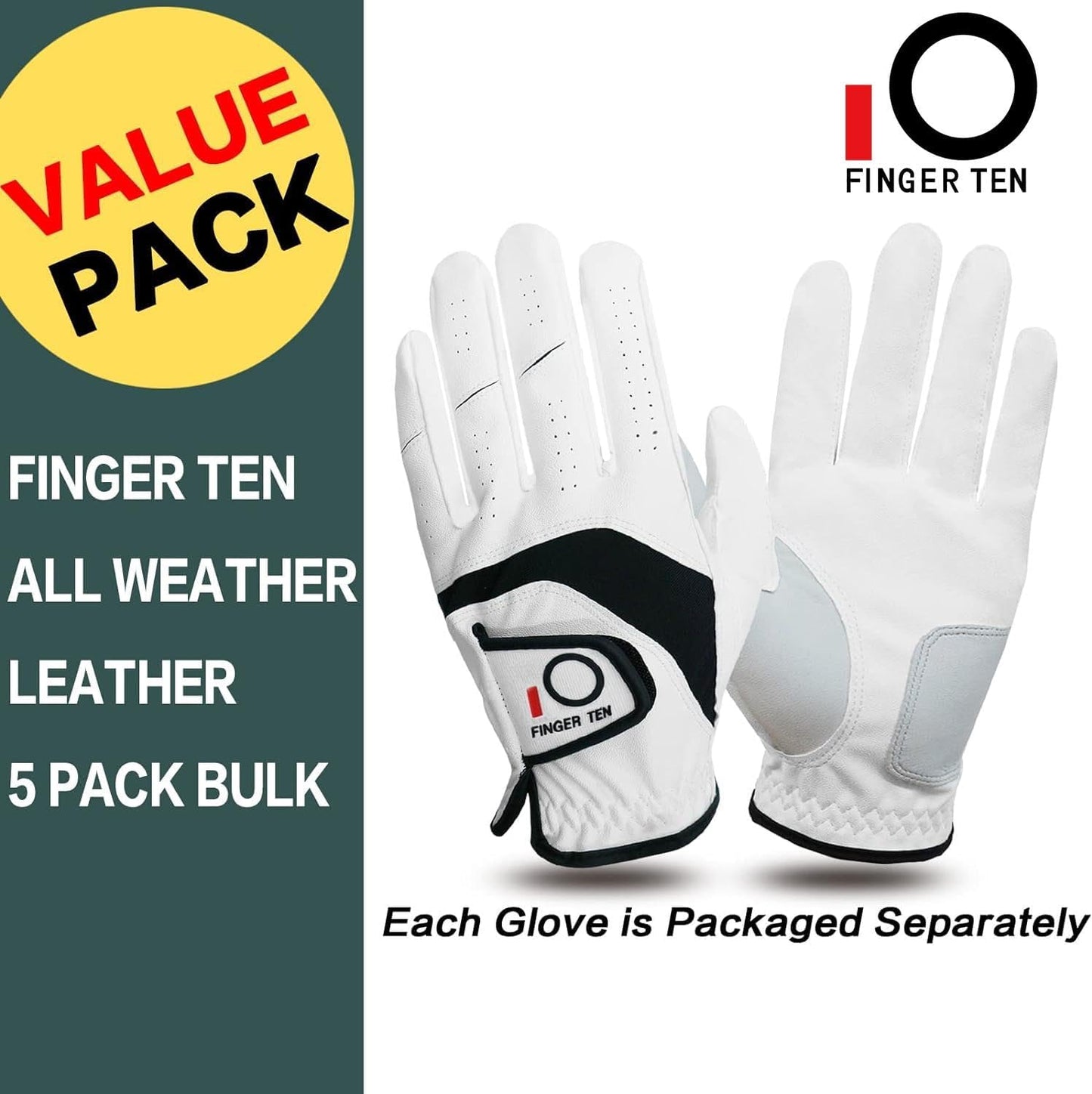 FINGER TEN Golf Gloves Men Left Hand Right Leather Value 5 Pack, Mens Golf Glove for Right Left Handed Golfer All Weather Grip Small Medium ML Large XL XXL 3XL