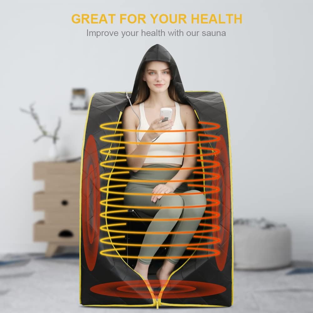 Smartmak Far Infrared Sauna with Hat, Portable Personal Full Body Home SPA Tent, Separate Heating Foot Pad and Portable Upgraded Chair-BlackGold