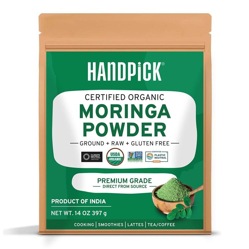 HANDPICK USDA Organic Moringa Powder (397g/14oz) Pure Moringa Oleifera Leaf Powder | Authentic Indian Origin | Gluten Free, Non-GMO | Perfect for Smoothies, Drinks, Tea & Recipes