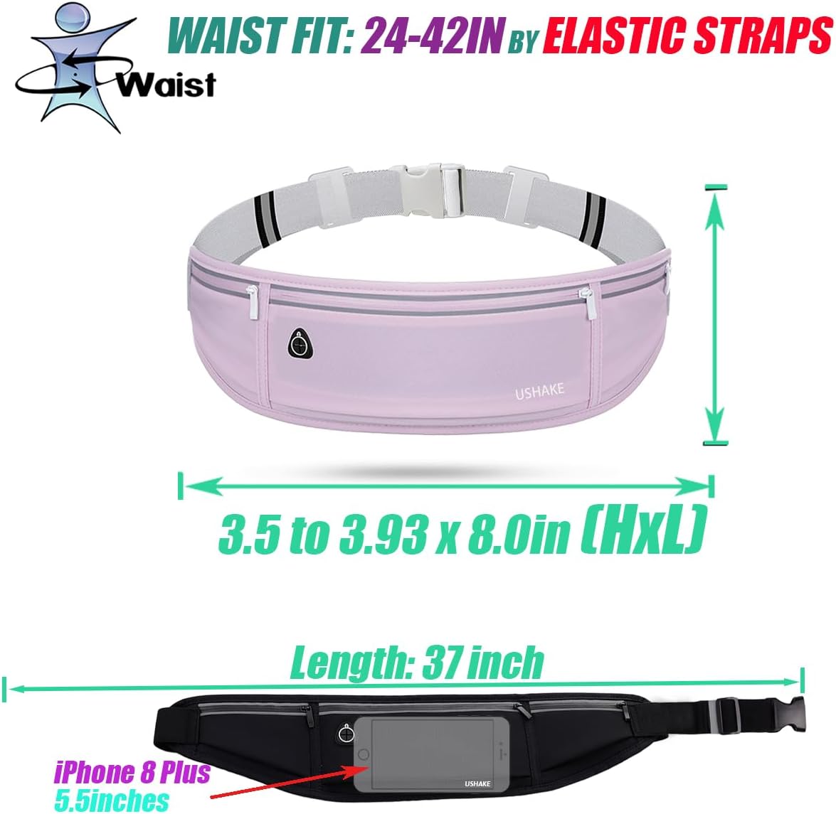 USHAKE Slim Running Belt, Workout Fanny Pack for Men Women,Exercise Waist Pack for Apple iPhone Holder, Runner Belt for Running Walking Cycling Camping Gym Light Purple