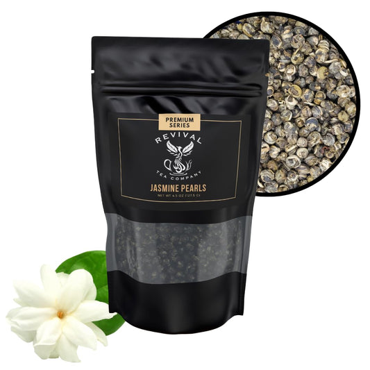 Revival Tea Company Jasmine Tea Pearls - Hand-Rolled Green Tea Scented with Jasmine Flowers - 4.5 Ounces