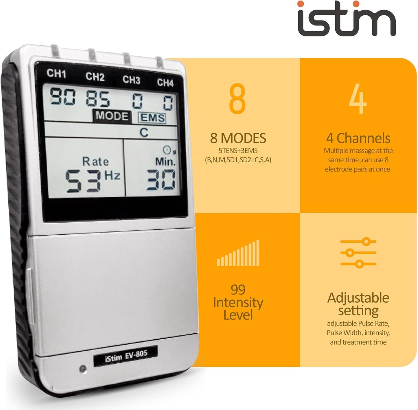 iSTIM EV-805 TENS EMS 4 Channel Rechargeable Combo Machine Unit - Muscle Stimulator + Back Pain Relief and Management- 24 Programs/Backlit (Including Electrodes Pads)