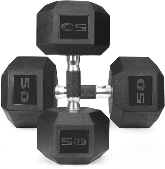 WF Athletic Supply Rubber Encased Hex Dumbbells with Rubber Grip Contoured Handle for Muscle Toning, Strength Building & Full Body Workout