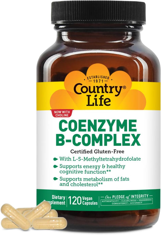 Country Life Coenzyme B-Complex, 120 Capsules – Supports Energy & Metabolism, Mood & Cognitive Function – Vegan, Gluten-Free, Bioavailable B Vitamins with Choline