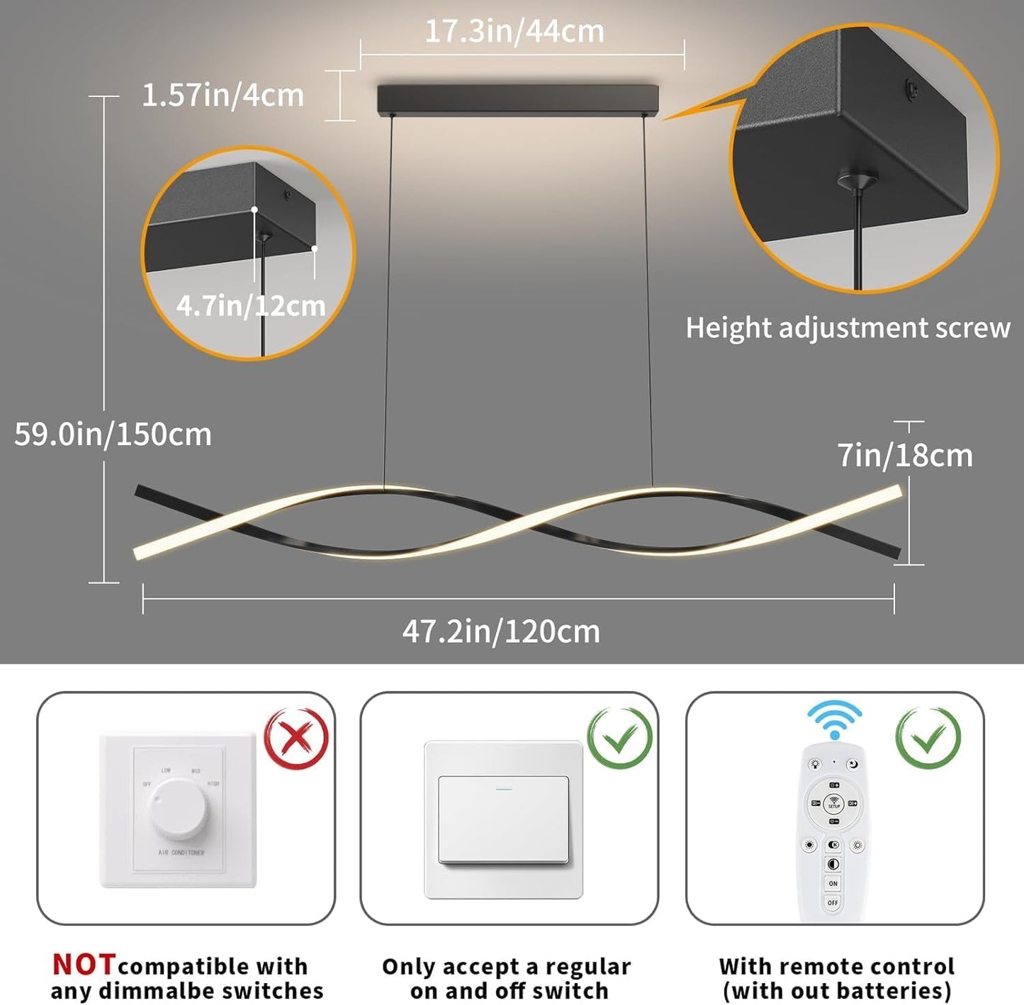 Modern Kitchen Island Pendant Lights, 47in LED Chandelier Fixture Dimmable 3000k-6000K Color, Aluminum Island Lighting Lamp for Dining Room, Billiard Room