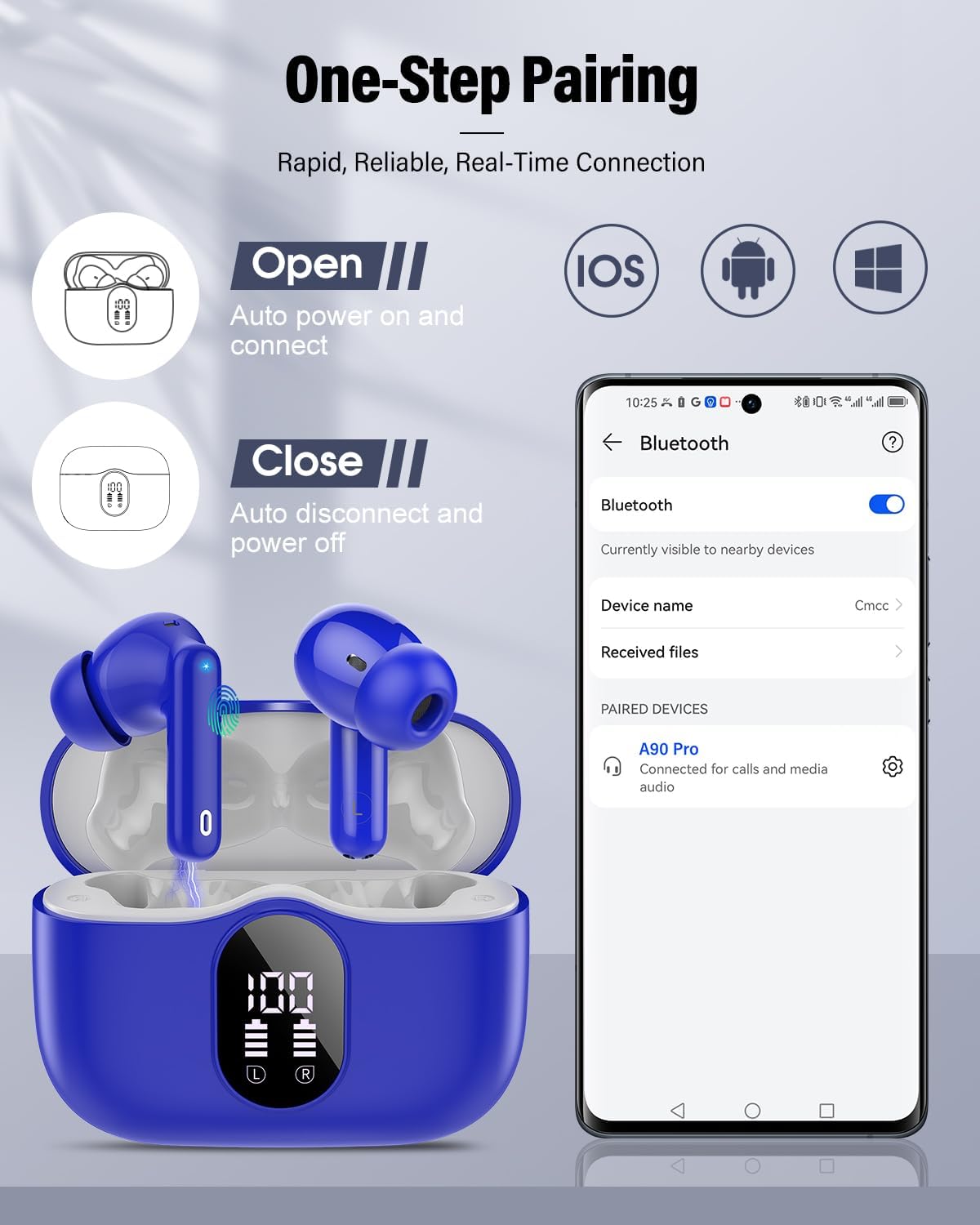 Wireless Earbuds, Bluetooth 5.4 Headphones Bass Stereo, Ear Buds with Noise Cancelling Mic, IP7 Waterproof in Ear Earphones, 36H LED Display Bluetooth Earbuds for Laptop Pad Phones Sports, Blue