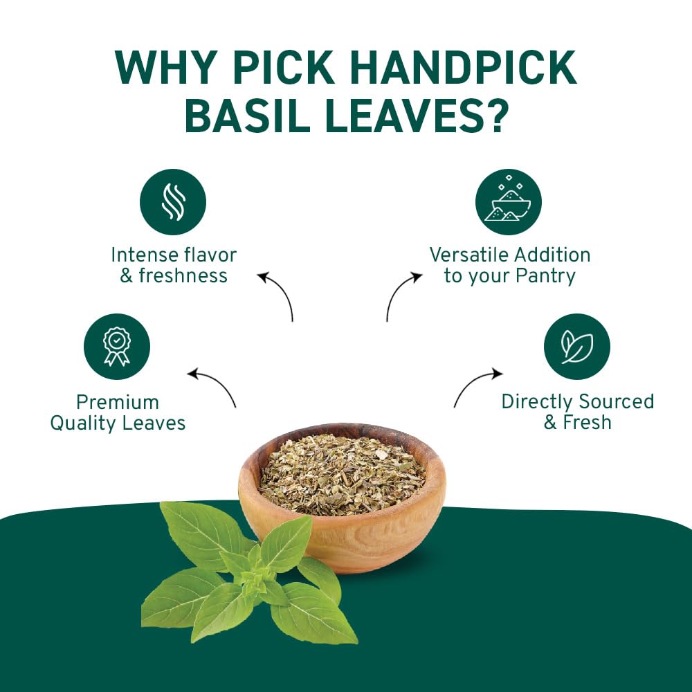 HANDPICK Dried Basil Leaves 40 Servings (100g/ 3.5oz) Non GMO, Gluten Free, 100% Raw Whole Tulsi Leaf, Sourced from India, Premium Quality, Packed in Resealable Ziplock Pouch