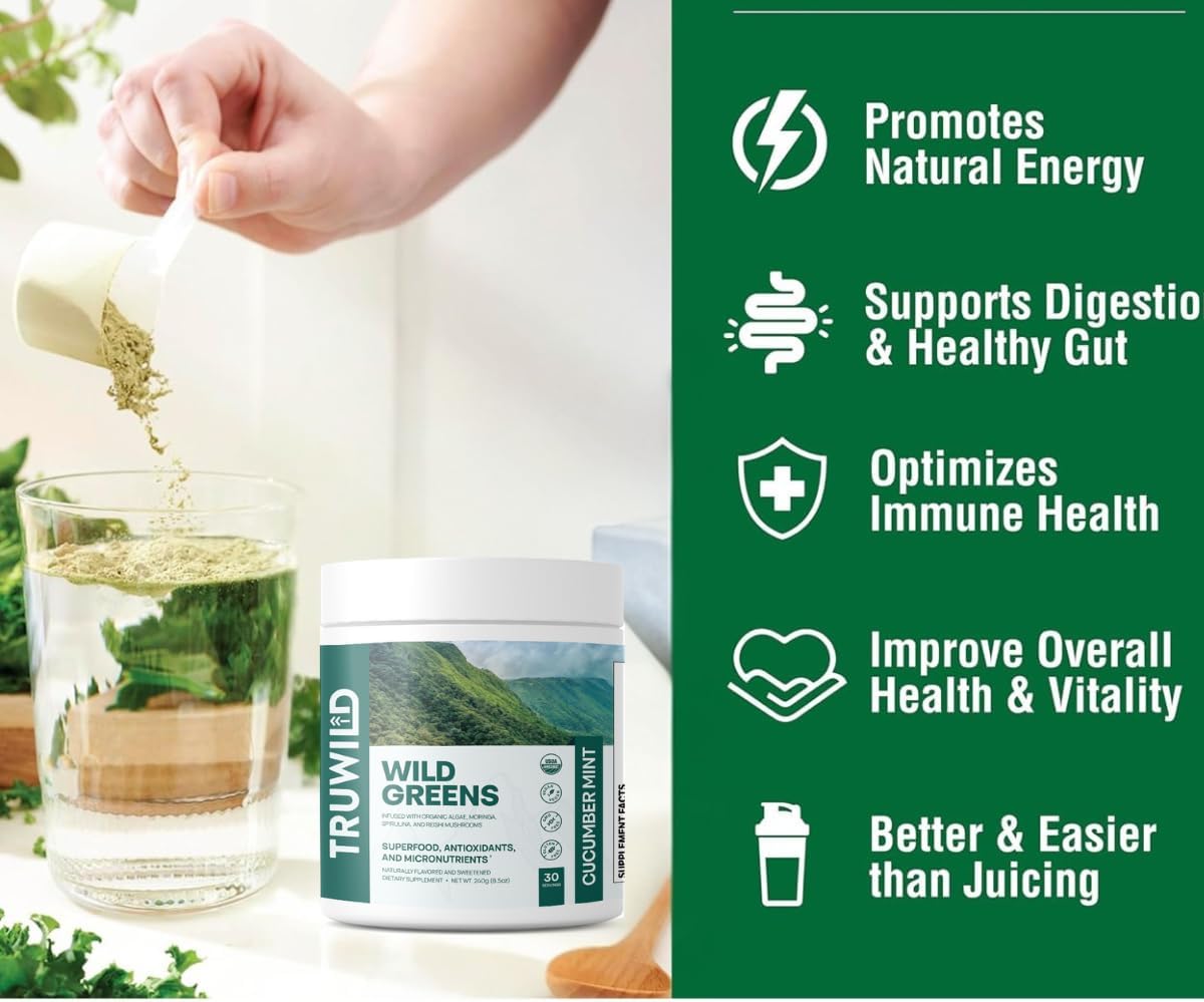 TruWild Greens Superfood Cucumber Powder, with 22+ Greens & Anti-Oxidants, Delicious Green Juice Powder, Natural Immune, Stress, Digestion Support, 30 Servings Per Tub (Cucumber Mint)