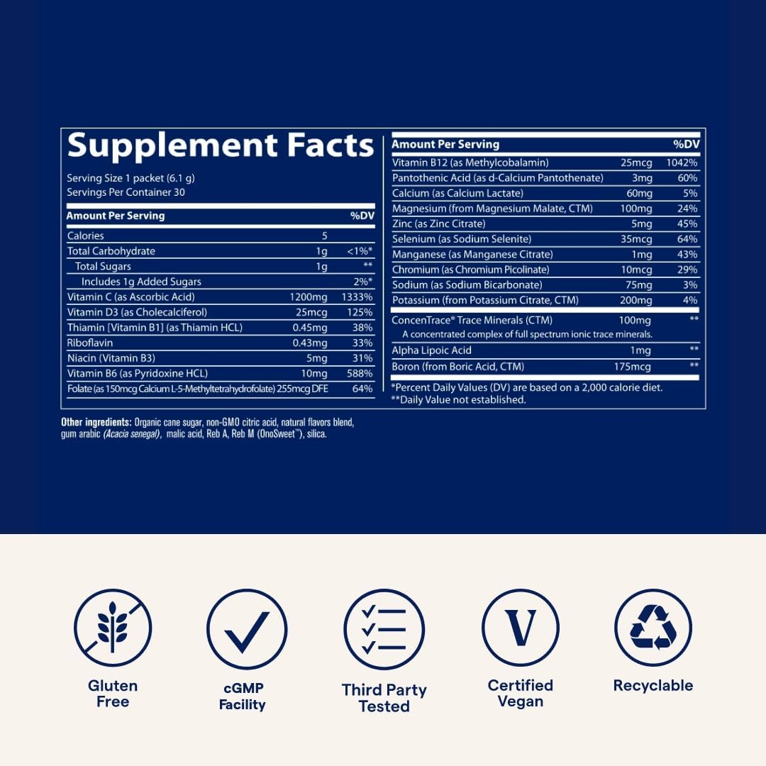 Trace Minerals Power Pak - Daily Health Support Supplement with Vitamins & Minerals - Power Packet Aids Immune Health & Hydration - Mix Powder Supports Bodily Functions - Lemon Lime (30 Servings)