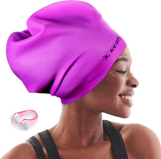 Keary Extra Large Swim Cap for Braids and Dreadlocks Extensions Weaves Long Hair, Waterproof Silicone Cover Ear Bath Pool Shower Swimming Cap for Adult Youth to Keep Hair Dry, Easy to Put On and Off