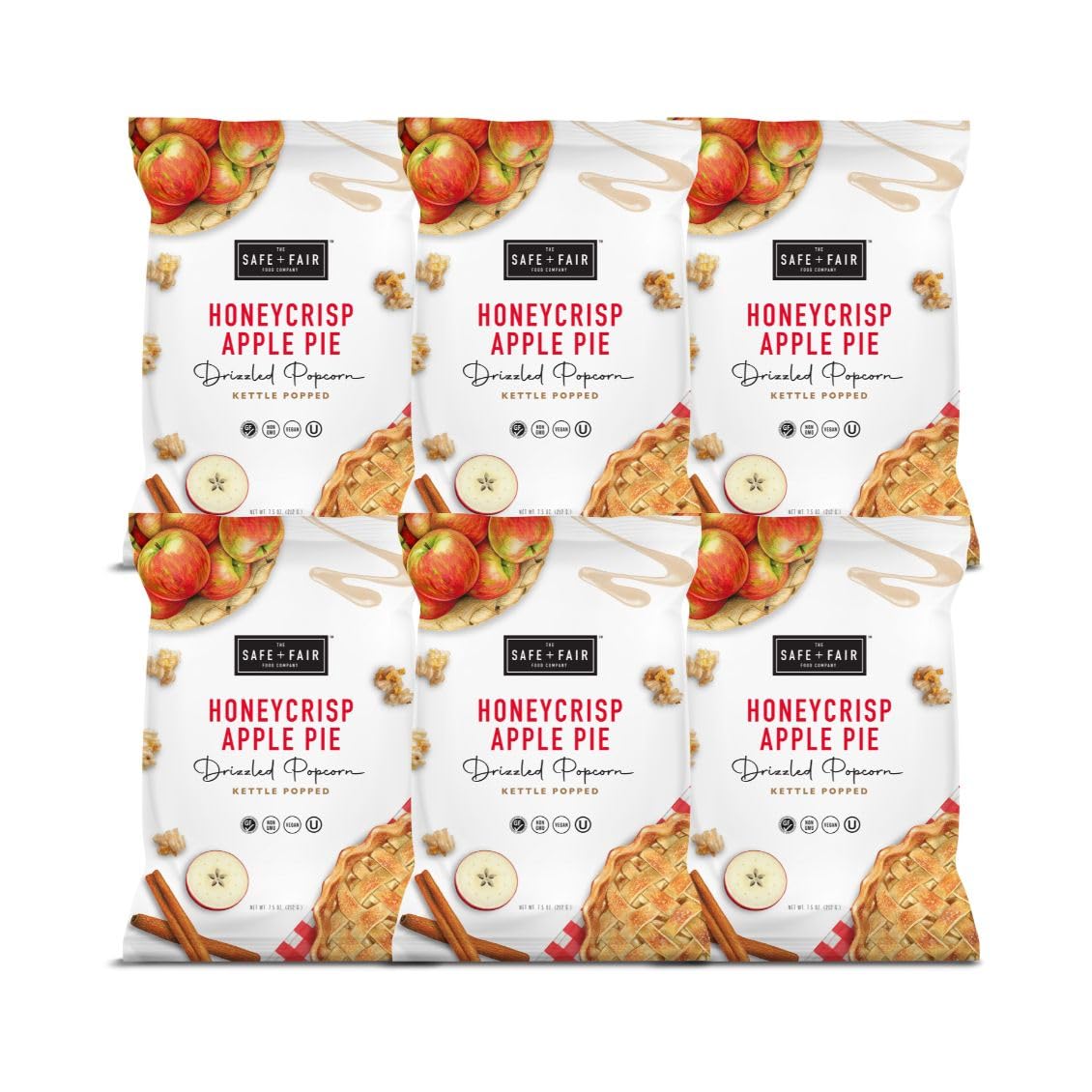 Safe + Fair Plant-Based Gourmet Apple Pie Flavored Popcorn - Honeycrisp Apple Pie Drizzled Kettle Corn Popcorn Non-GMO Gluten-Free Snacks 5.5 ounce, 6 Pack