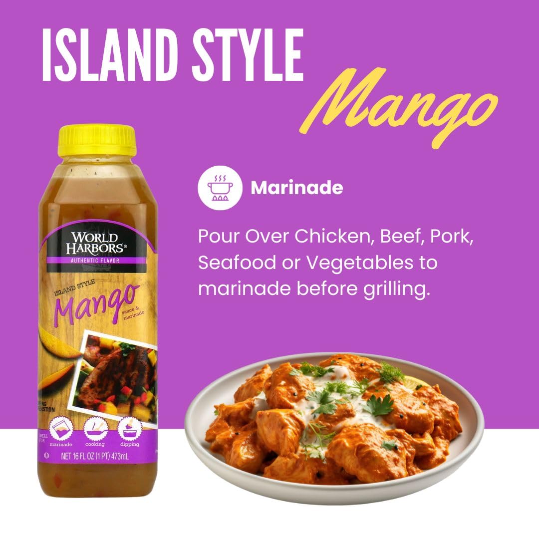 World Harbors Island Mango Sauce & Marinade - Low-Calorie, Sweet & Tangy Perfect Sauce for Chicken, Fish, Beef, Wings, Dipping, Stir-Frying, Salad Dressing. Made in USA 16-Fl Oz Bottle (Pack of 3)