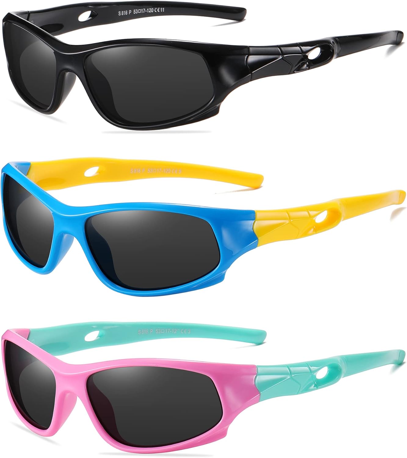 DYLB 3 Pack Flexible Kids Polarized Sunglasses For Boys Girls With Strap, Sport Sunglasses for Children Age 3-10.