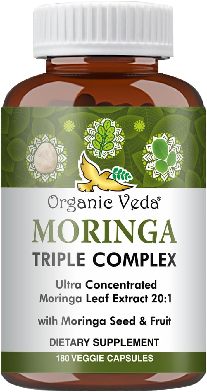 Organic Veda Moringa Capsules Triple Complex - 20 X Concentrated Organic Moringa Leaf Extract with Seed & Fruit Powder Vitamin, Antioxidant - Joints & Energy Support - 180 Vegan Capsule