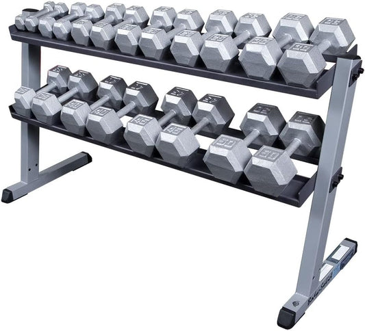 Body Solid (GDR60-RFHEX) 5-50 lb Cast Iron Hex Dumbbell Set Includes Heavy Duty 2-Tier Dumbbell Rack, Commercial and Home Gym Weight Holder Organizer for Dumbbells