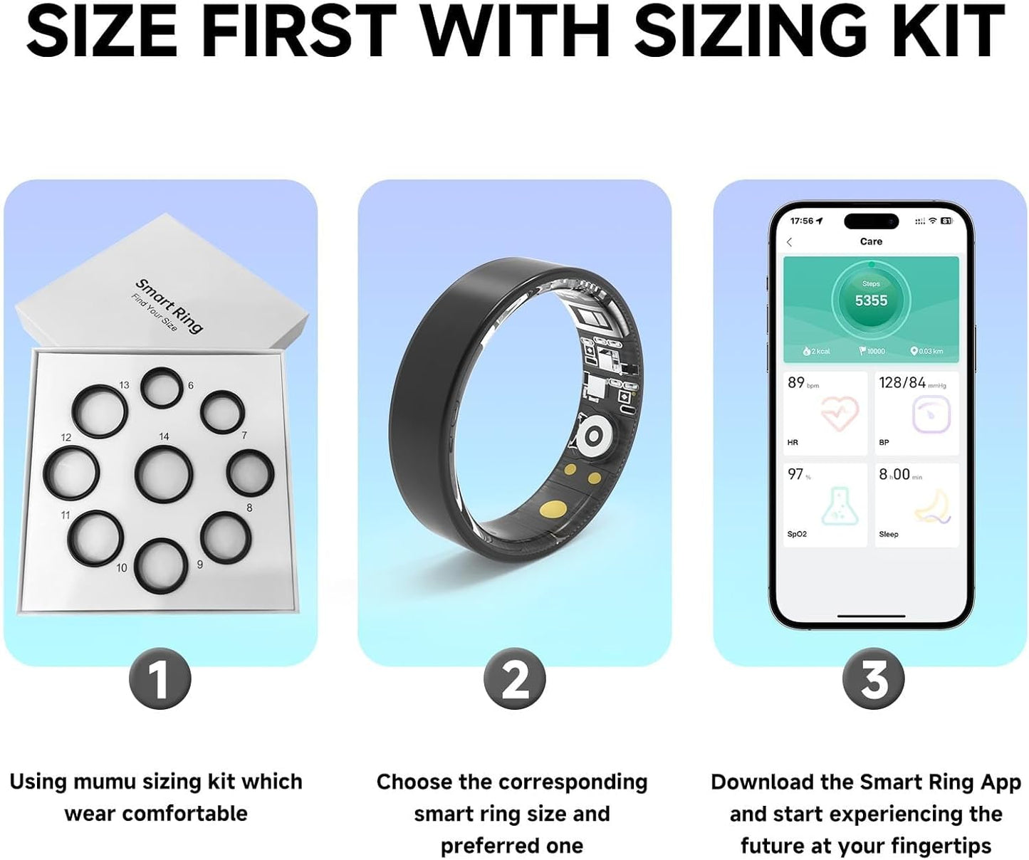 MUMU Smart Ring Sizing Kit for Women Men,Fitness Tracker Ring for Sport Monitoring,Choose Sizes 7 to 13,No Subscription Fee, IP68 Waterproof Smart Ring for iPhone & Android(Only Sizing Kit)