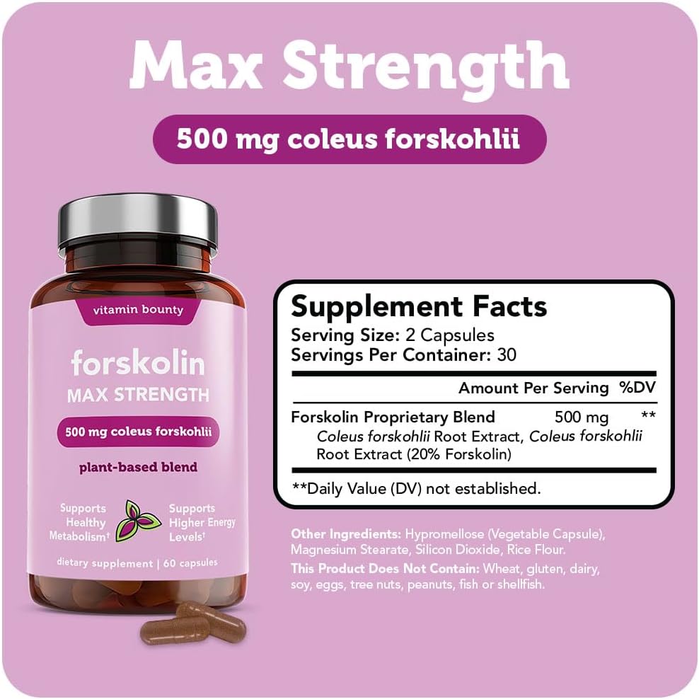 Vitamin Bounty Forskolin Maximum Strength for Weight Loss - Natural Coleus Forskohlii Root Extract Supplement - 20% Standardized Forskolin Powder - Weight Management Support - 60 Capsules