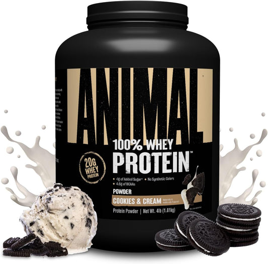 Animal 100% Whey Protein Powder – Whey Blend for Pre Workout or Post Workout, Recovery, Anytime Low Sugar Protein Boost Meal Replacement with BCAA Branched Chain Amino Acids – Cookies & Cream, 4 lb