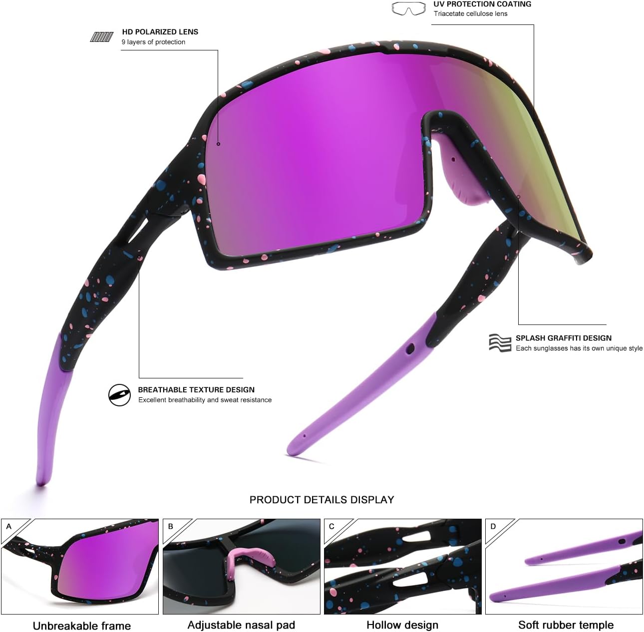 Polarized Sports Sunglasses for Men and Women Cycling Glasses UV Protection Goggles for Mountain Bike Running Fishing