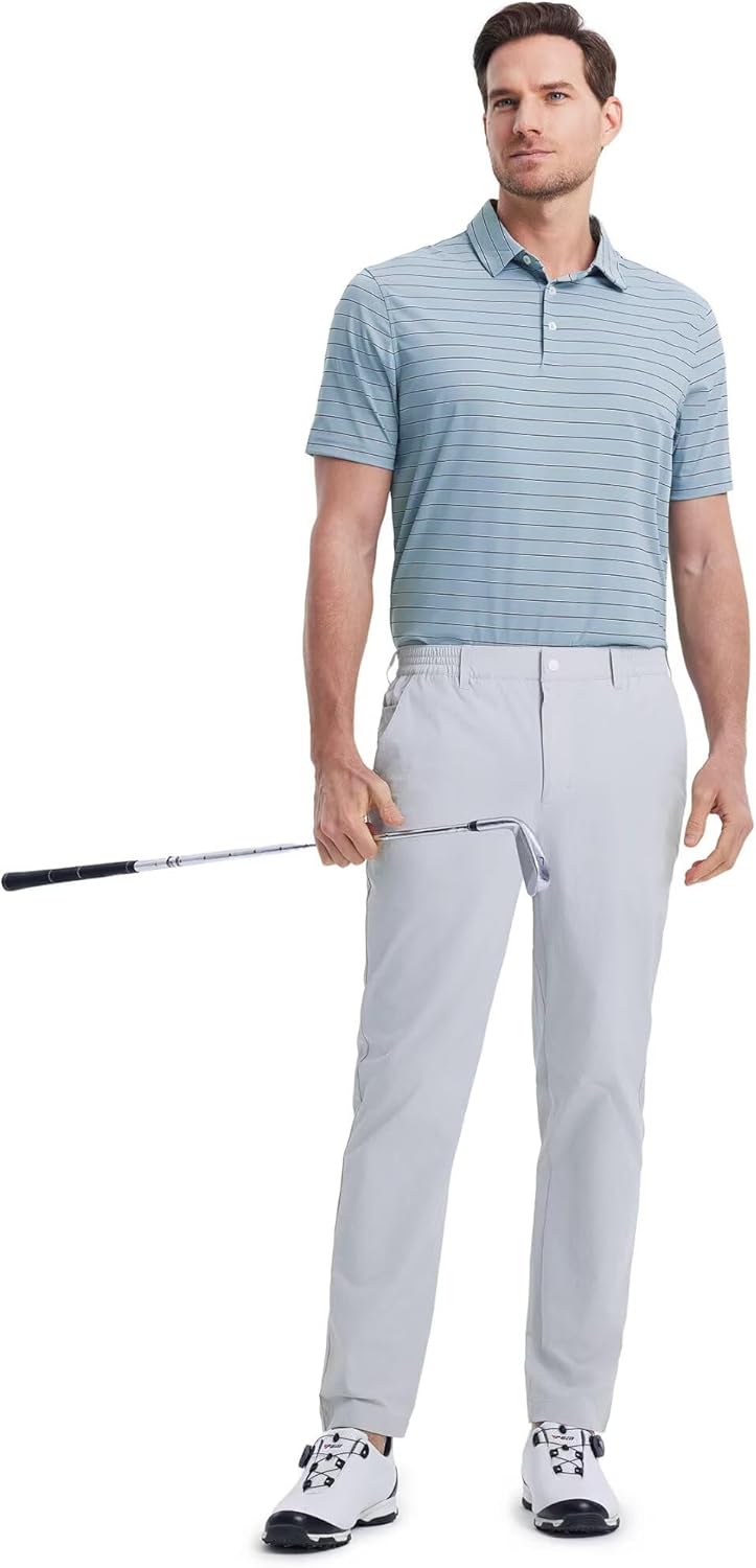 M MAELREG Mens Striped Golf Shirts Short Sleeve Silk-Like Touch Water-Resistant Breathable Soft Collared Polo Shirts for Men