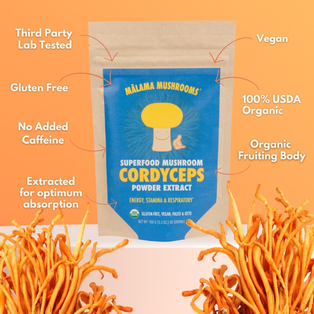 Cordyceps Extract Powder by Malama, Organic Fruiting Body Cordyceps Mushroom Powder, Superfood Adaptogenic, Supports Energy, Endurance & Mood, 100 Servings