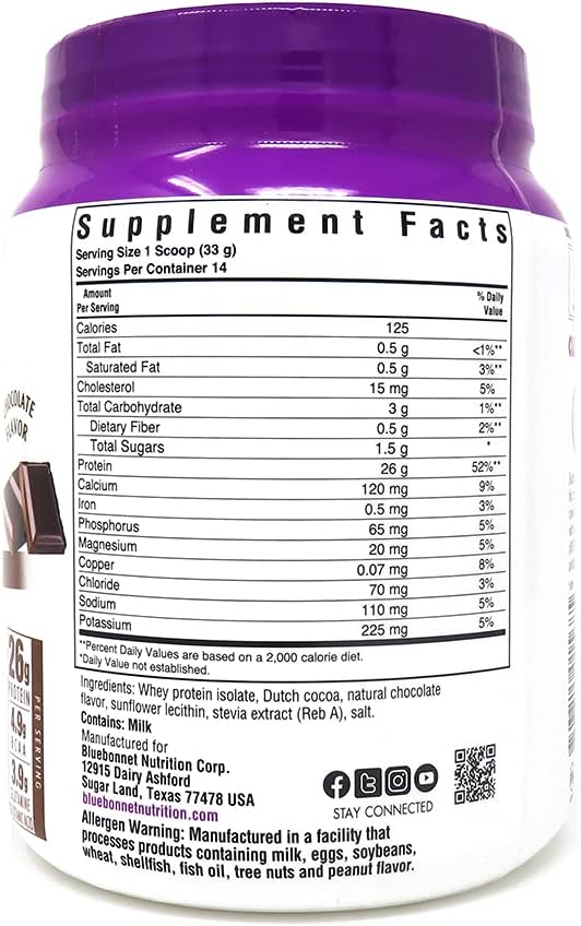 Bluebonnet Nutrition Whey Protein Isolate Powder, Whey From Grass Fed Cows, 26g of Protein, No Sugar Added, Gluten Free, Soy free, kosher Dairy, 1 Lb, 14 Servings, Chocolate Flavor