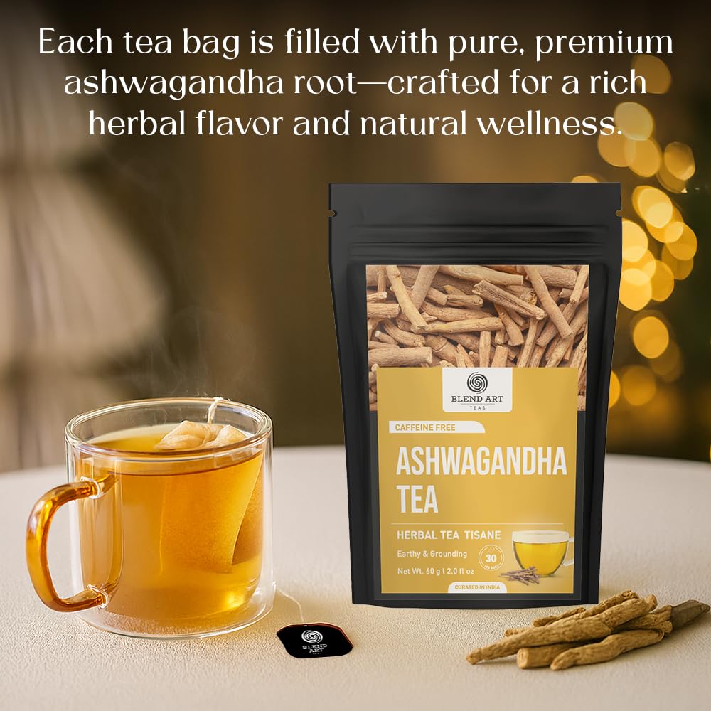 BlendArt Teas - Ashwagandha Root TeaBags - 30 Count - Pyramid Tea Bag |Ancient Adaptogen Superfood for Men and Women | Helps in Relive Stress | Promote Cleansing & Wellness | Caffeine Free | Ziplock Pouch