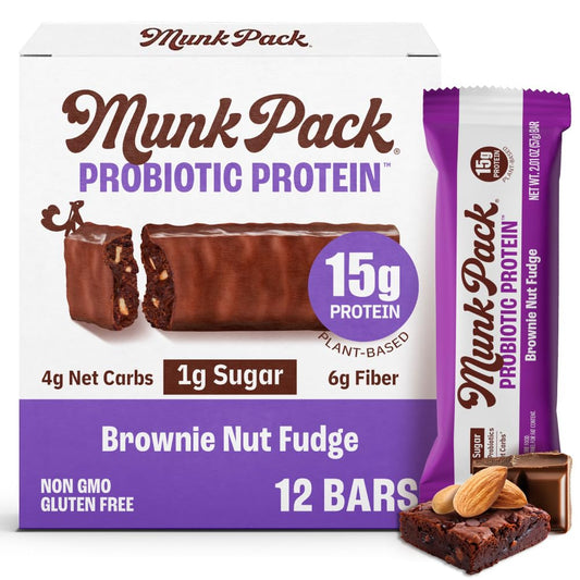 Munk Pack 15g Probiotic Keto Protein Bars - Low Sugar, High Protein -1g Sugar, 4g Net Carbs. Vegan + Plant Based Gut Health. Low Carb Healthy Snack Bar. Brownie Nut Fudge