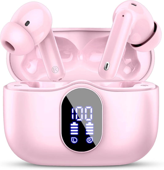 Wireless Earbuds, Bluetooth 5.4 Headphones Bass Stereo, Ear Buds with Noise Cancelling Mic, IP7 Waterproof in Ear Earphones, 36H LED Display Bluetooth Earbuds for Laptop Pad Phones Sports, Pink