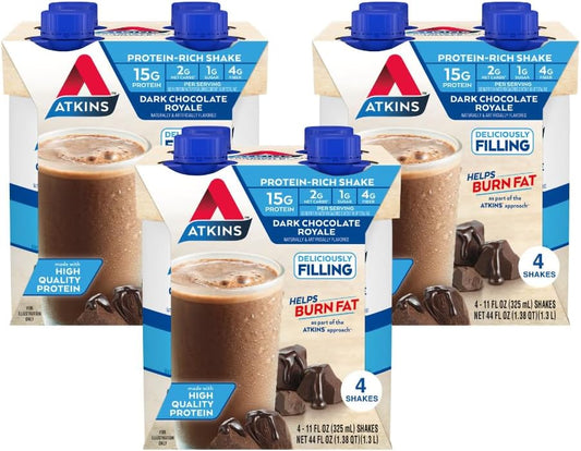 Atkins Dark Chocolate Royale Protein Shake, High Protein Shakes, Low Glycemic, Low Carb and Low Sugar Chocolate Flavored Protein Shakes, Keto Friendly, 12 Count