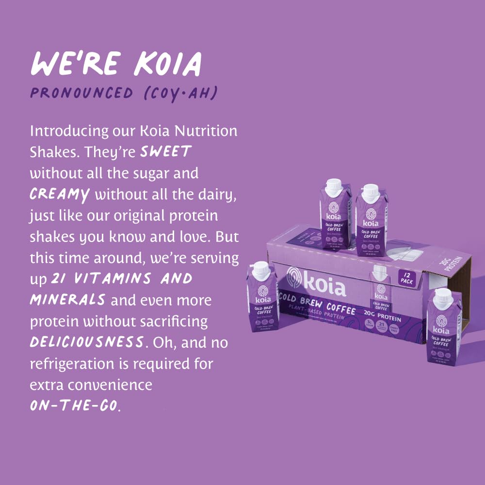 Koia Plant Based Protein Shake, Cold Brew Coffee, 20g Protein, 3g Sugar, 6g Prebiotic Fiber, 21 Vitamins & Minerals, Meal Replacement Drinks, Dairy-Free, Gluten-Free, Non-GMO, 11 Fl Oz (Pack of 12)